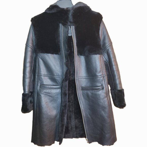 MAJE 38 sz4 SHEARLING Sheepskin Fur Leather Gwette Coat Black Acne Sandro